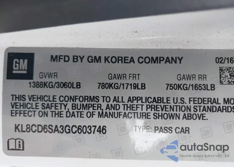 2016 Chevrolet Spark 1Lt Cvt из США, поврежденный, VIN KL8CD6SA3GC603746